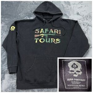 Zero Foxtrot Mens Safari Tours Hoodie Black Camo Rifle Graphic Sweatshirt 2XL